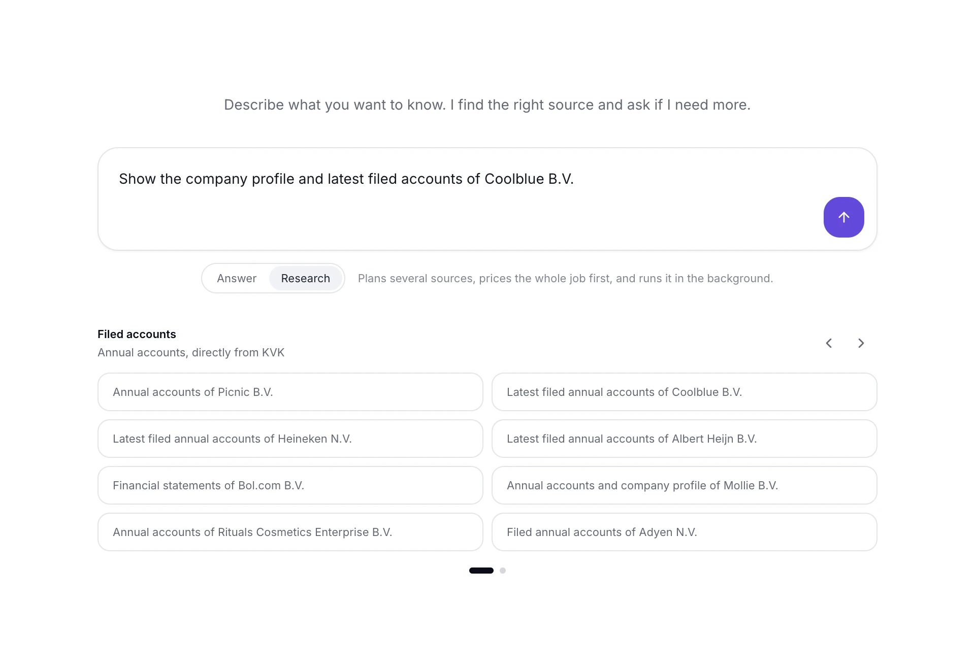 The Apiosk Ask interface in Research mode, with a question about Coolblue B.V. and ready-to-use company examples.